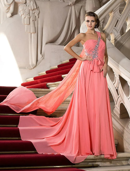 A-Line Elegant Dress Wedding Guest Court Train Sleeveless One Shoulder Chiffon with Crystals Draping