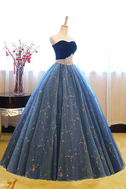 Ball Gown Quinceanera Dresses Princess Dress Sleeveless Blue Sweetheart Neck Tulle Long Prom Sweet 16 Dress