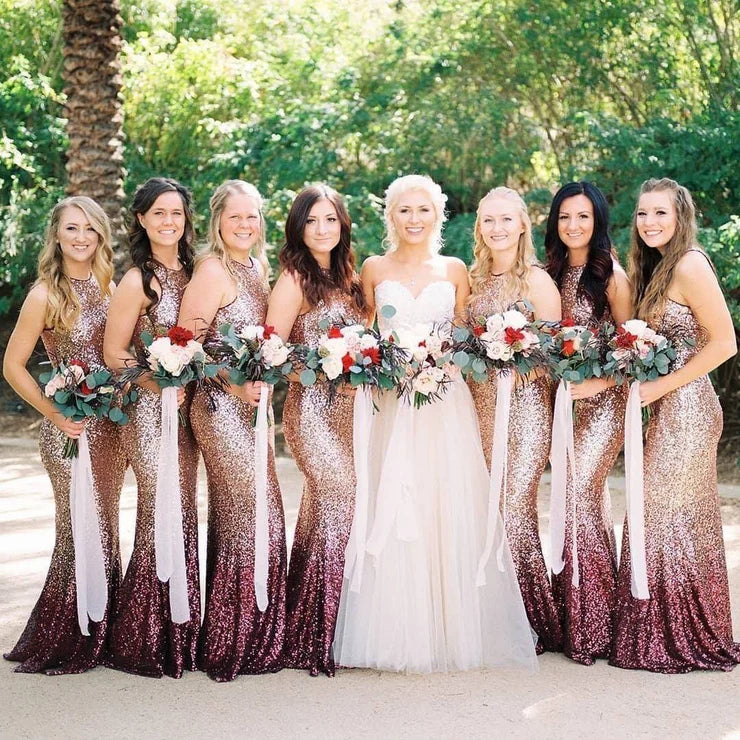 Sheath Mermaid Round Neck Rose Gold Burgundy Sequins Long Bridesmaid Dresses