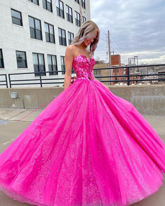 Sleek Glittering Sparkle Strapless Hot Pink Prom Dresses with Beading