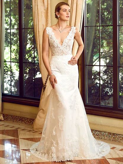 Wedding Dresses V Neck Chapel Train Lace Tulle Regular Straps See-Through with Appliques