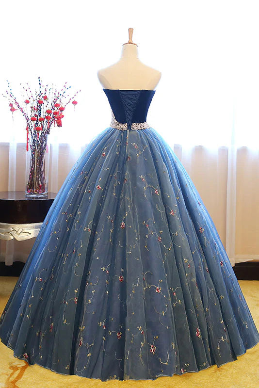 Ball Gown Quinceanera Dresses Princess Dress Sleeveless Blue Sweetheart Neck Tulle Long Prom Sweet 16 Dress