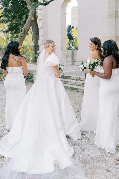 Mermaid Strapless White Satin Long Bridesmaid Dresses