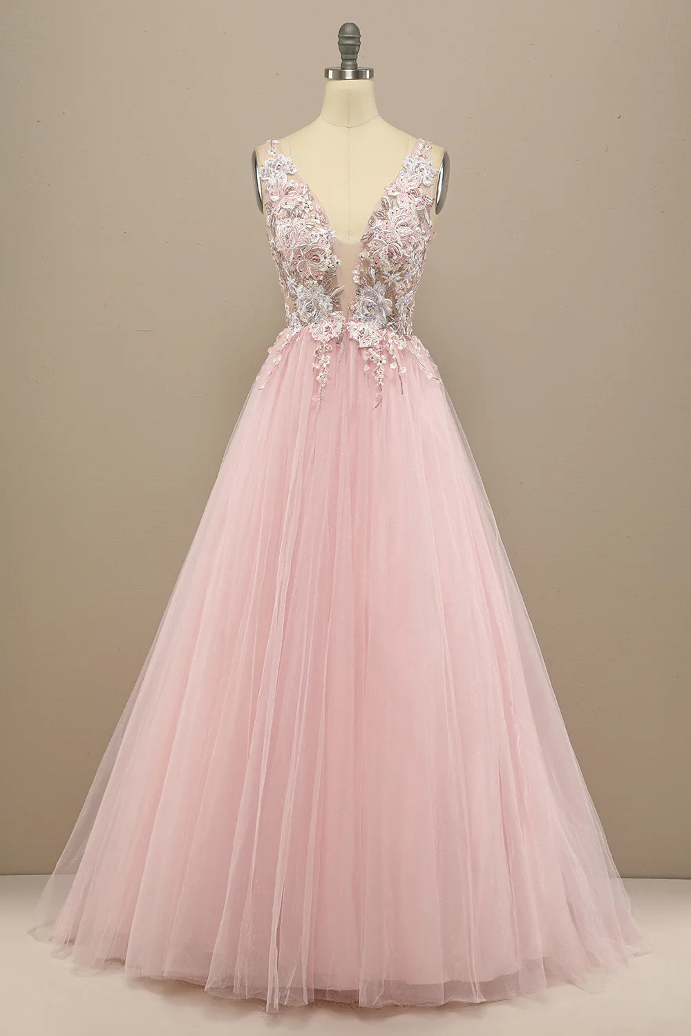 A Line Pink Low V Neck  Prom Dress with Appliques Beautiful