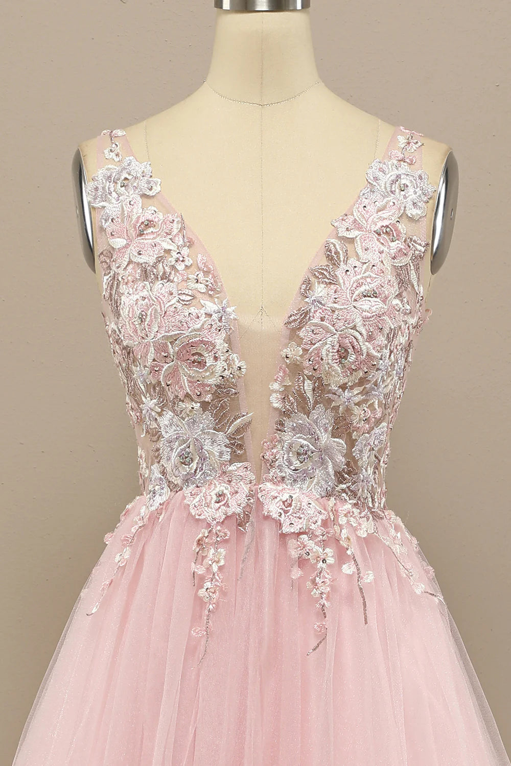 A Line Pink Low V Neck  Prom Dress with Appliques Beautiful