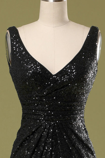 A Line V Neck Long Black Sequins Party Dresses Formal Dresses