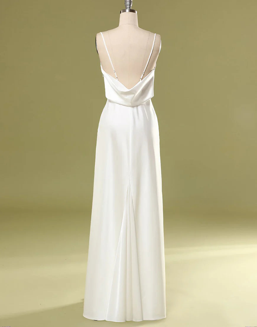 A Line Spaghetti Straps Satin Simple Bridesmaid Dress With Slit