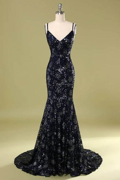 Glitter Sparking Spaghetti Straps V Neck Evening Dress with Beading Sequins