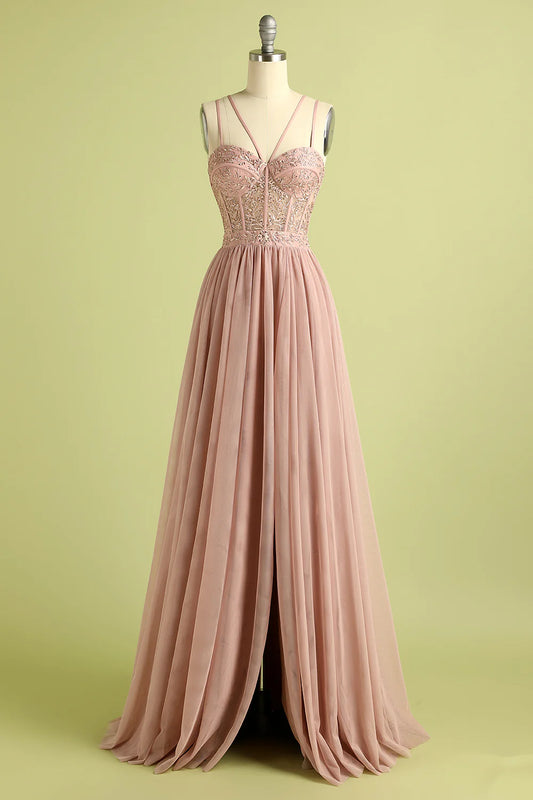 A Line Spaghetti Straps Tulle Prom Dress With Split