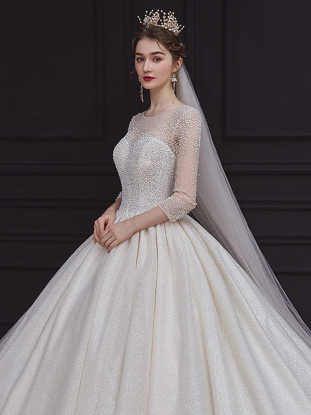 Princess Ball Gown Wedding Dresses Jewel Neck Chapel Train Lace Tulle Sequined Long Sleeve Formal Romantic Luxurious Sparkle & Shine with Beading Sequin