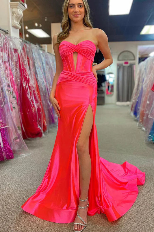 Mermaid Strapless Sweetheart Hot Pink Satin Long Prom Dress with Slit