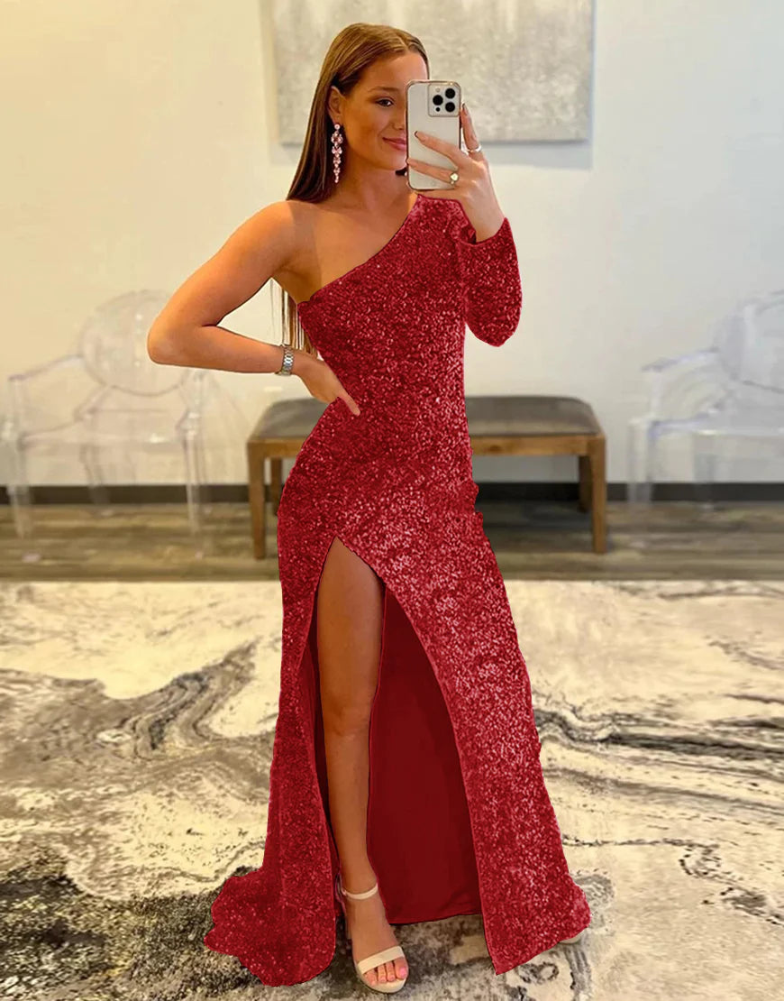 Sheath One Shoulder Sequins Prom Dress With Slit
