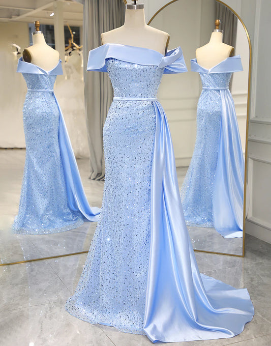 A Line Off The Should Sequins Long Prom Dress with Split
