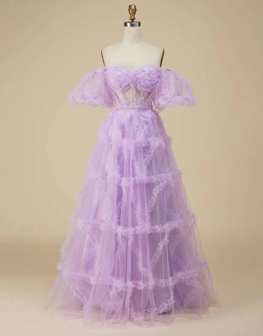 A Line Tulle Sweetheart Cute Prom Dress with Sleeves