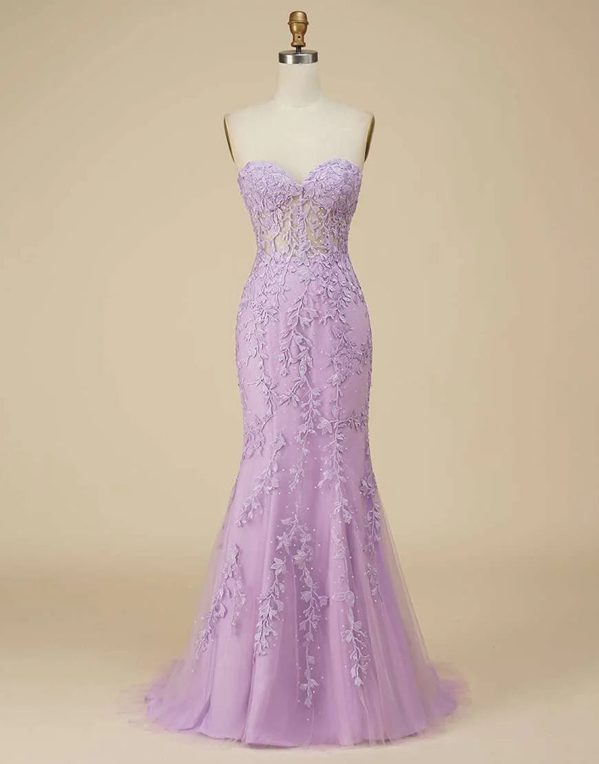 Strapless Lilac Long Prom Dress With Appliques