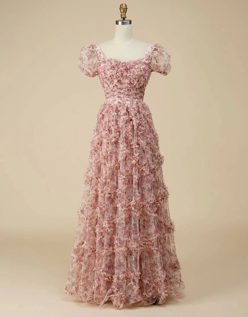 Floral Square Neck Long Prom Dress with Print