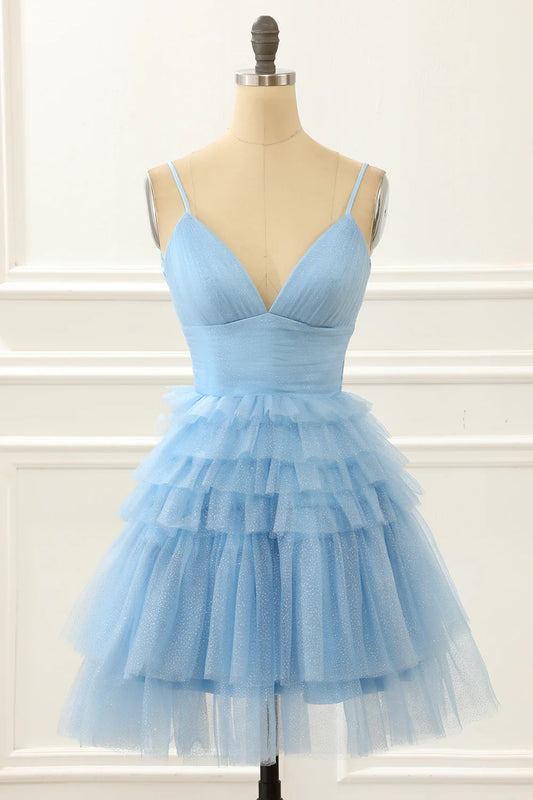 A-Line Spaghetti Straps Cute Homecoming Dress With Tulle Layers Ruffles