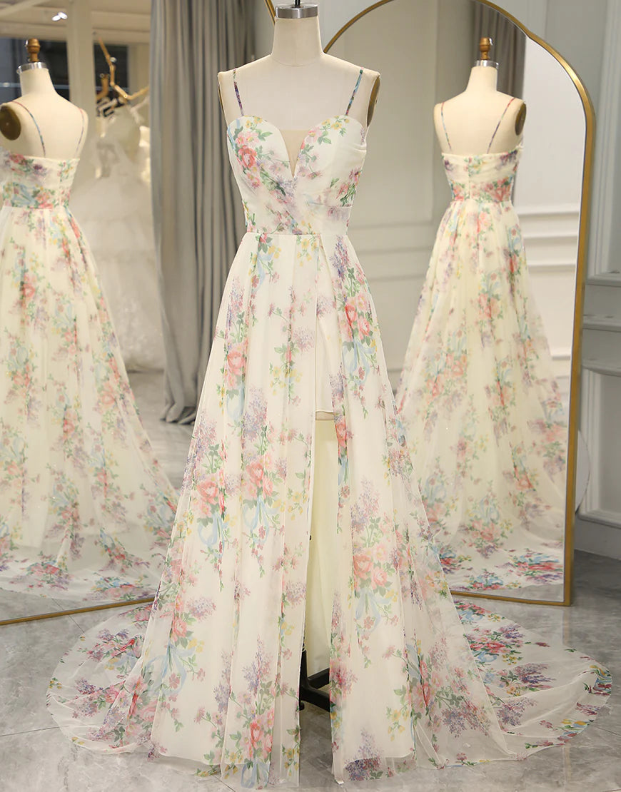 A-Line Spaghetti Straps Print Long Prom Dress With Split