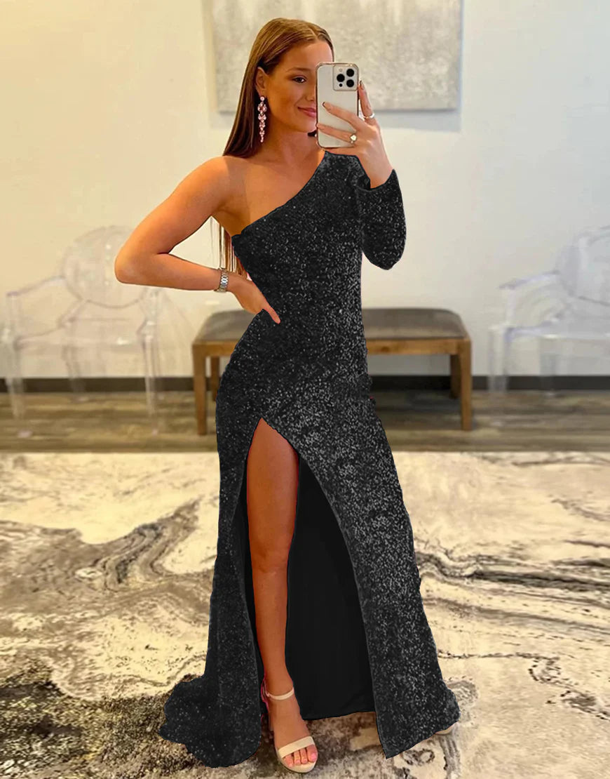 Sheath One Shoulder Sequins Prom Dress With Slit
