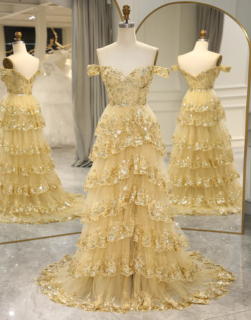 A Line Off the Shoulder Long Layers Prom Dress with Appliques