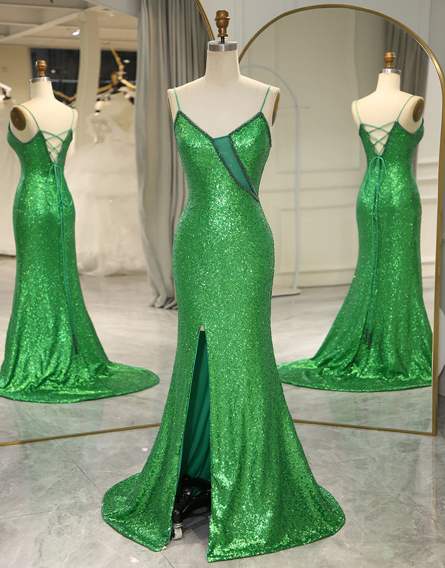 Spaghetti Straps Green Sequins Long Prom Dress with Split Front
