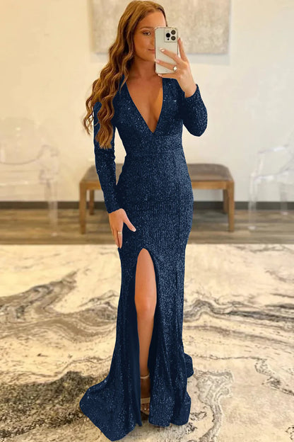 Sheath Mermaid Sequins Low V-Neck Long Sleeves Prom Dress