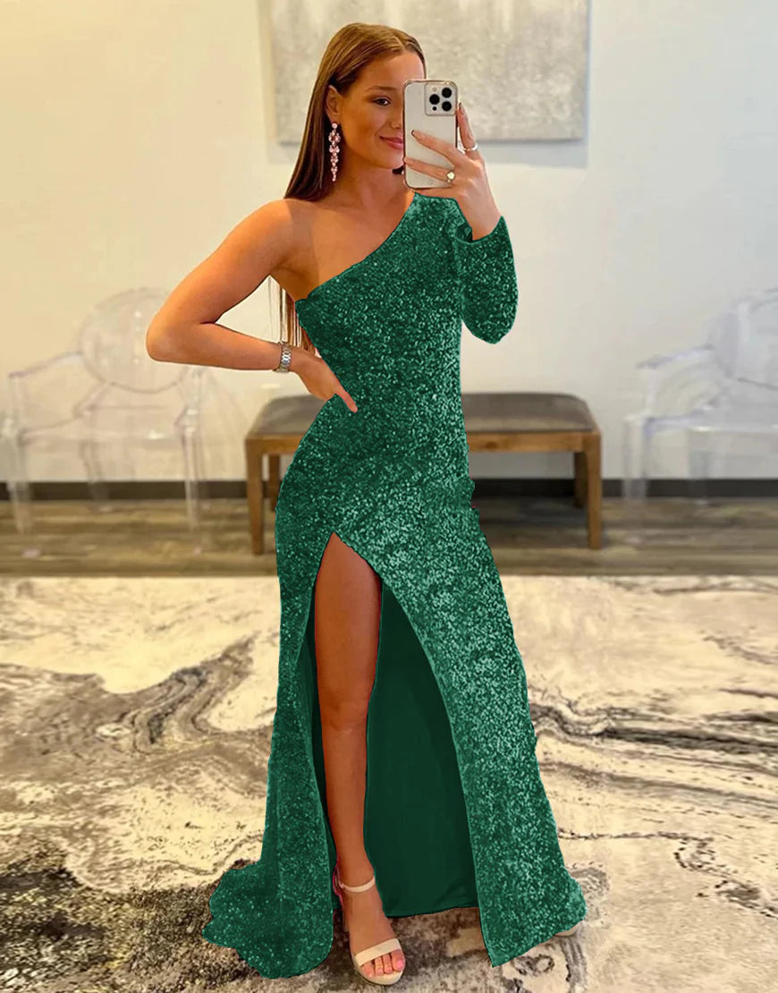 Sheath One Shoulder Sequins Prom Dress With Slit