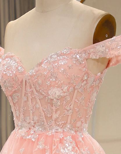 A Line Off the Shoulder Long Layers Prom Dress with Appliques