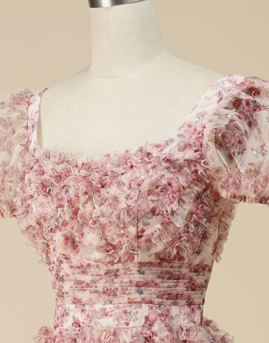 Floral Square Neck Long Prom Dress with Print