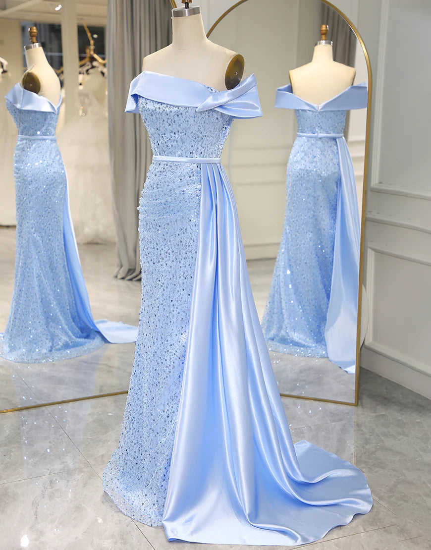 A Line Off The Should Sequins Long Prom Dress with Split