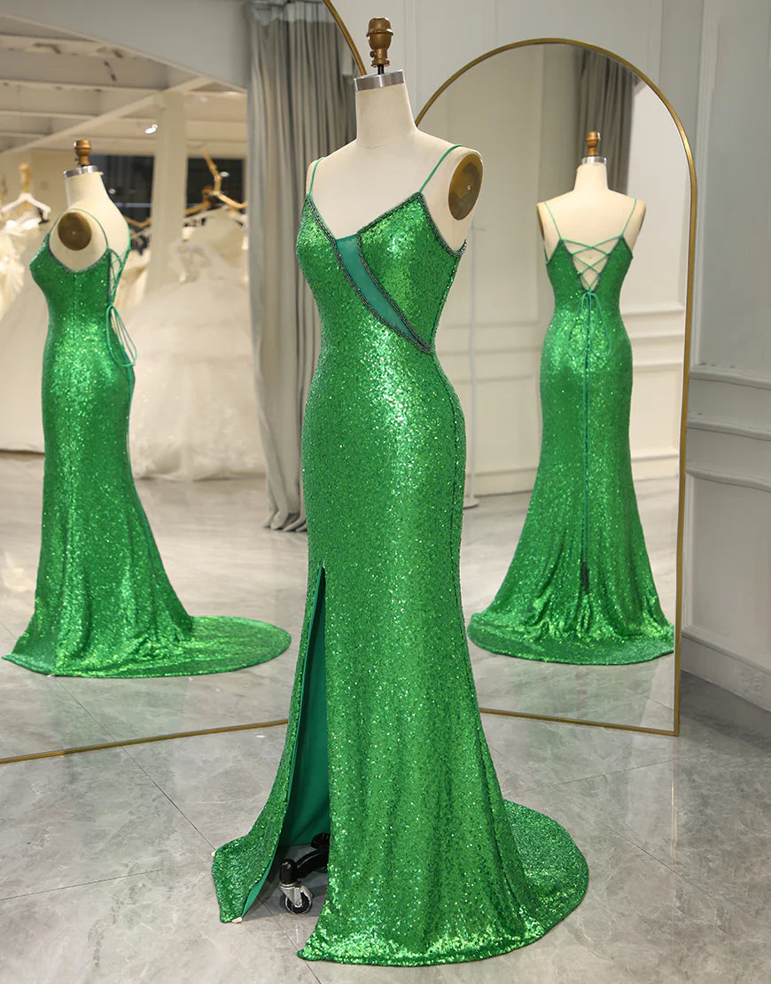 Spaghetti Straps Green Sequins Long Prom Dress with Split Front