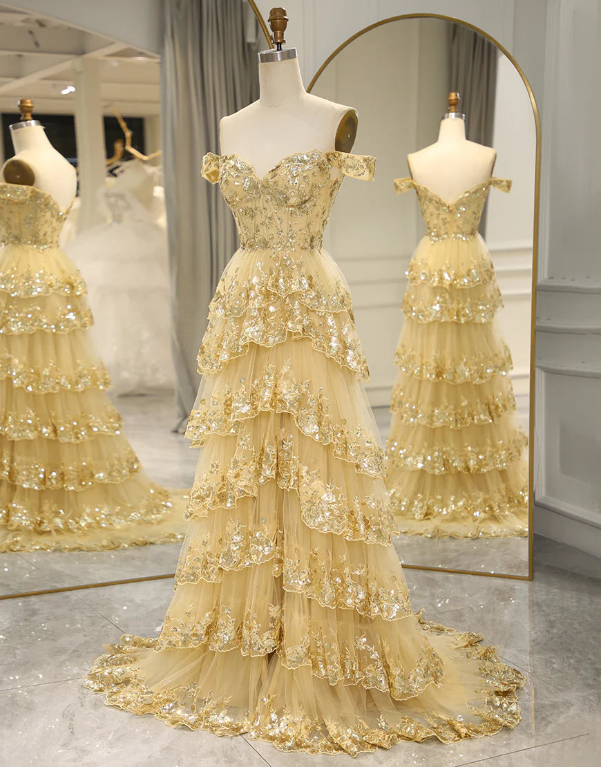 A Line Off the Shoulder Long Layers Prom Dress with Appliques