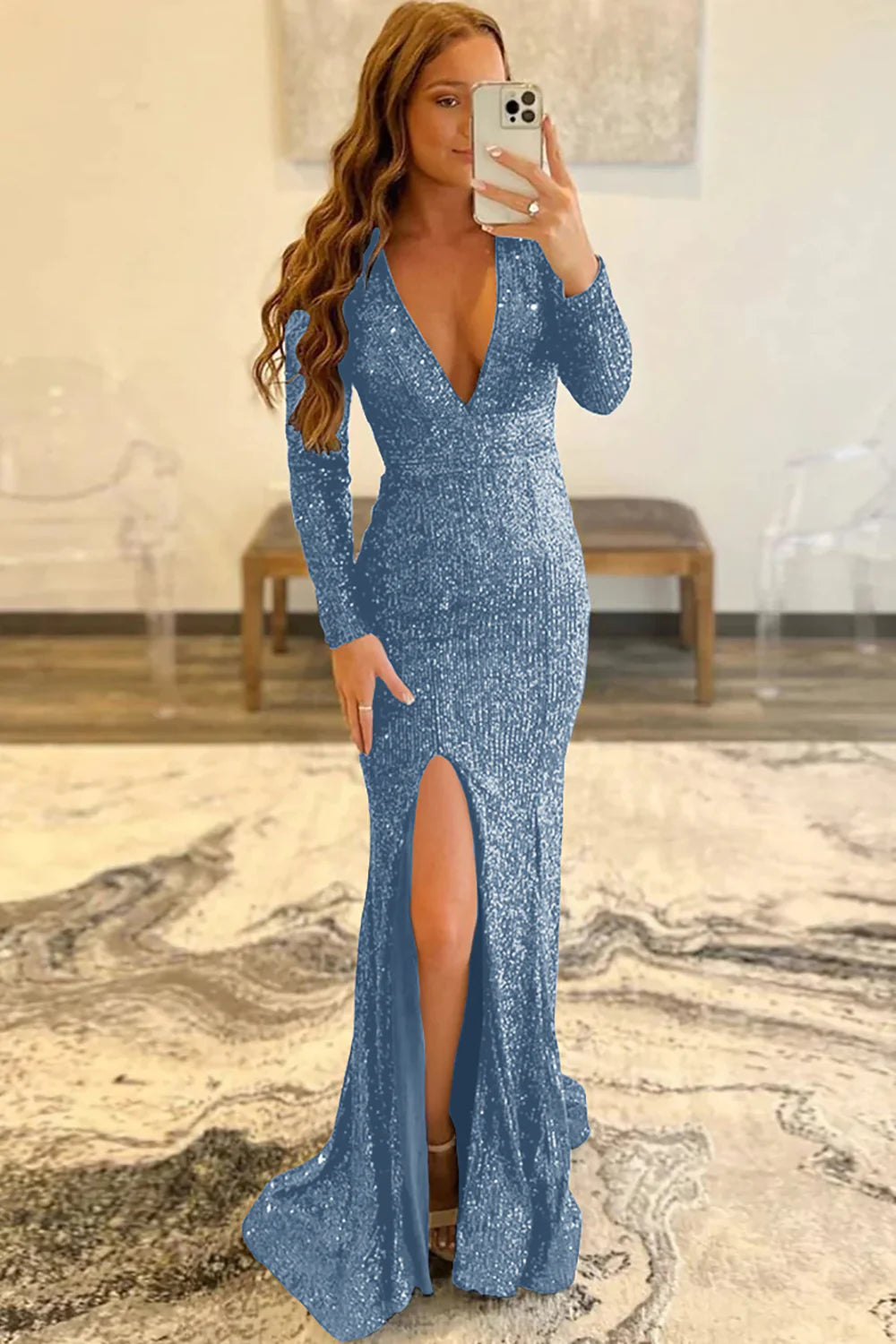 Sheath Mermaid Sequins Low V-Neck Long Sleeves Prom Dress