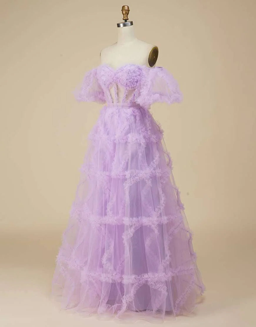 A Line Tulle Sweetheart Cute Prom Dress with Sleeves