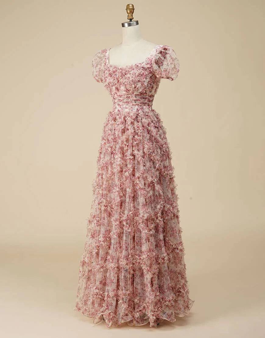 Floral Square Neck Long Prom Dress with Print