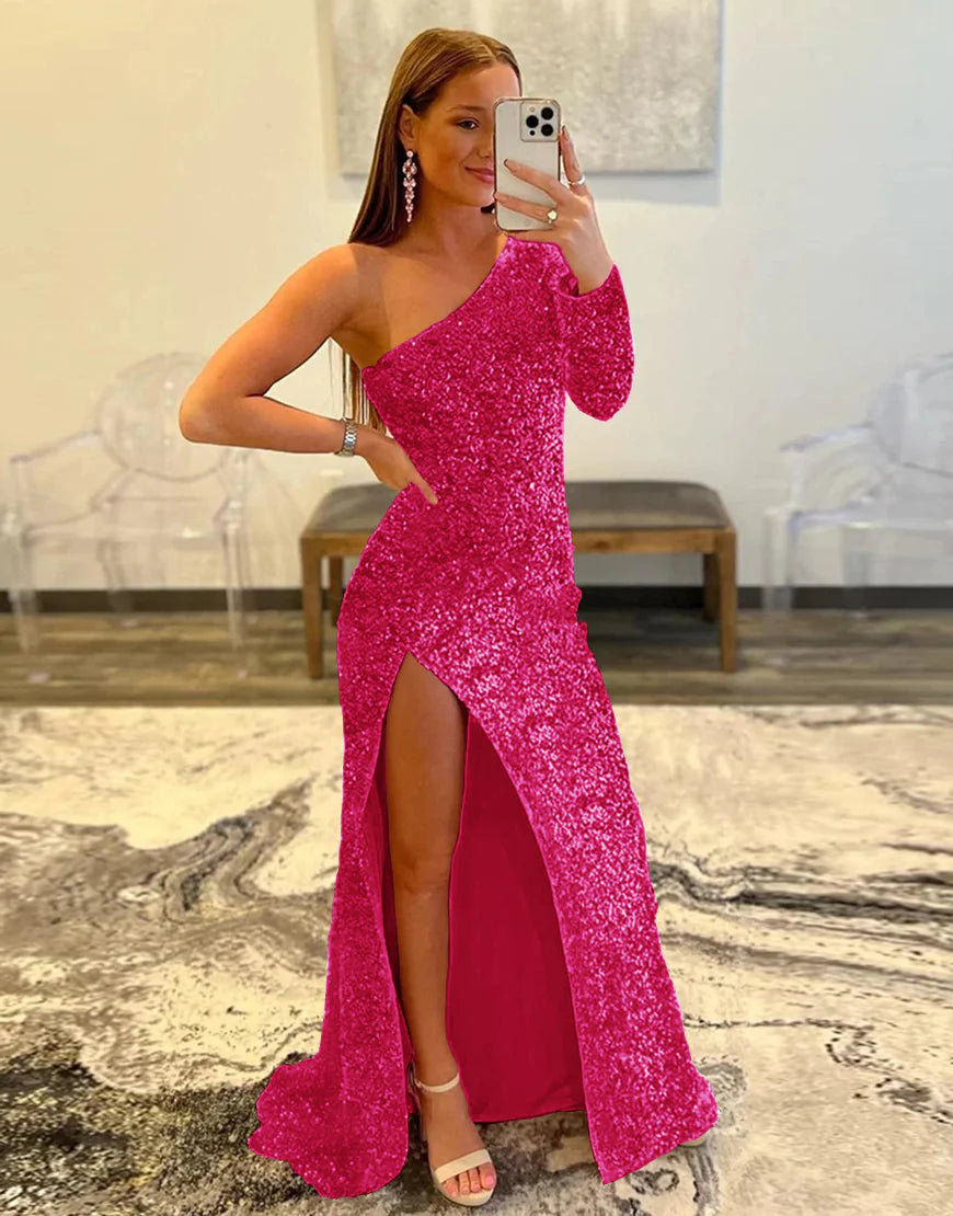Sheath One Shoulder Sequins Prom Dress With Slit