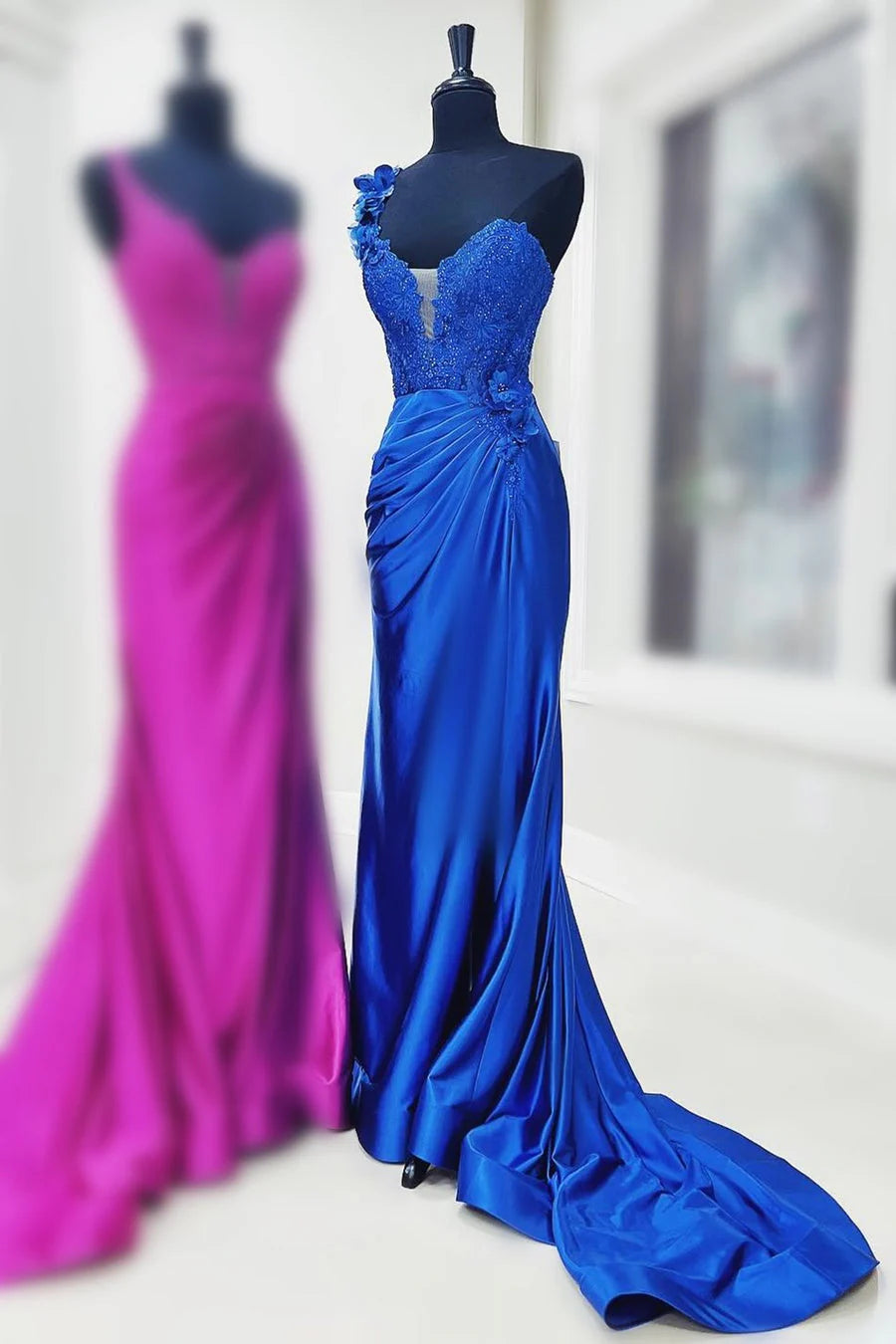 Sheath Royal Blue One Shoulder Sweep/Brush Train Dresses Fuchsia Ruched Long Prom Dress with 3D Flowers