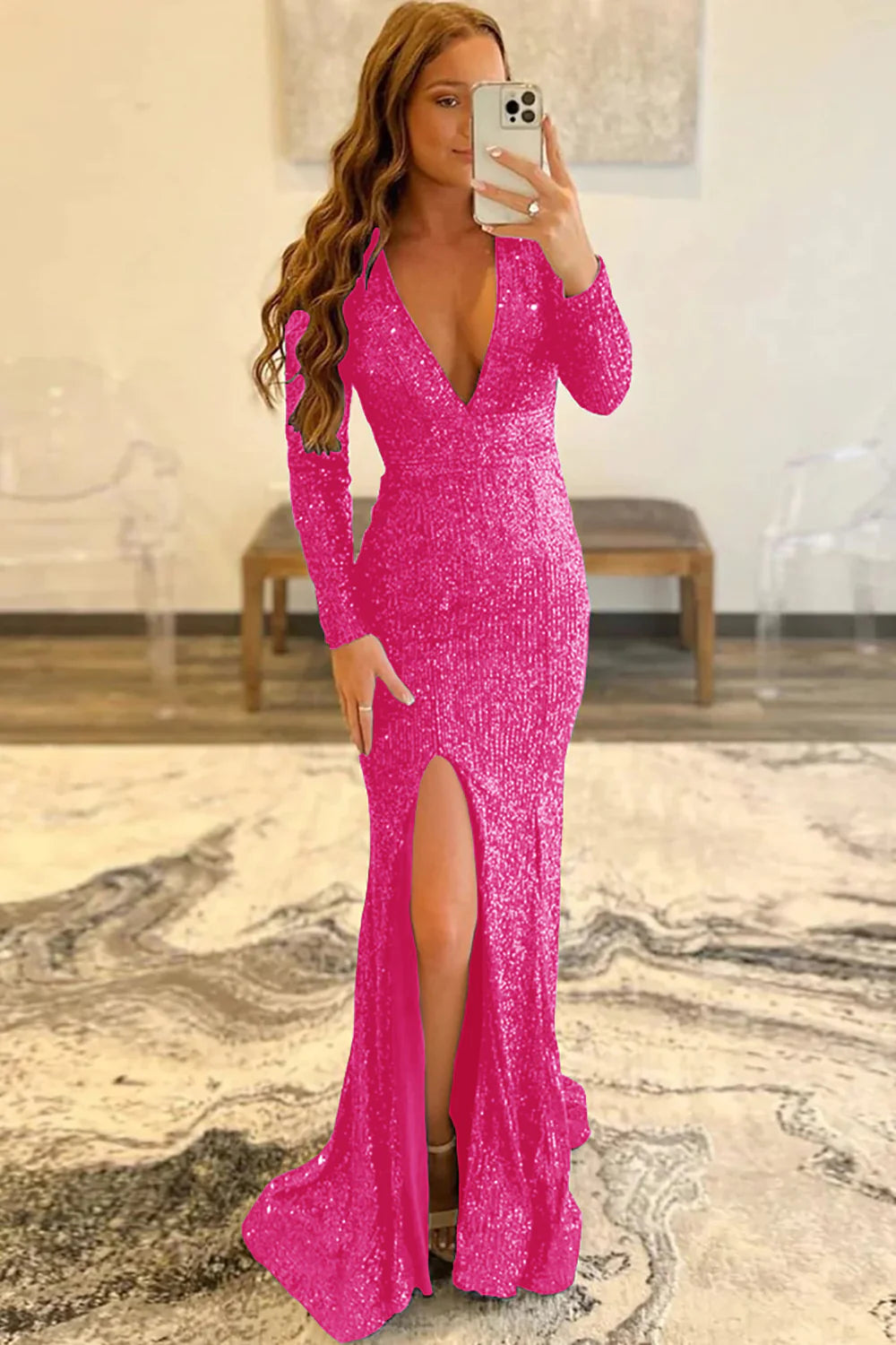 Sheath Mermaid Sequins Low V-Neck Long Sleeves Prom Dress