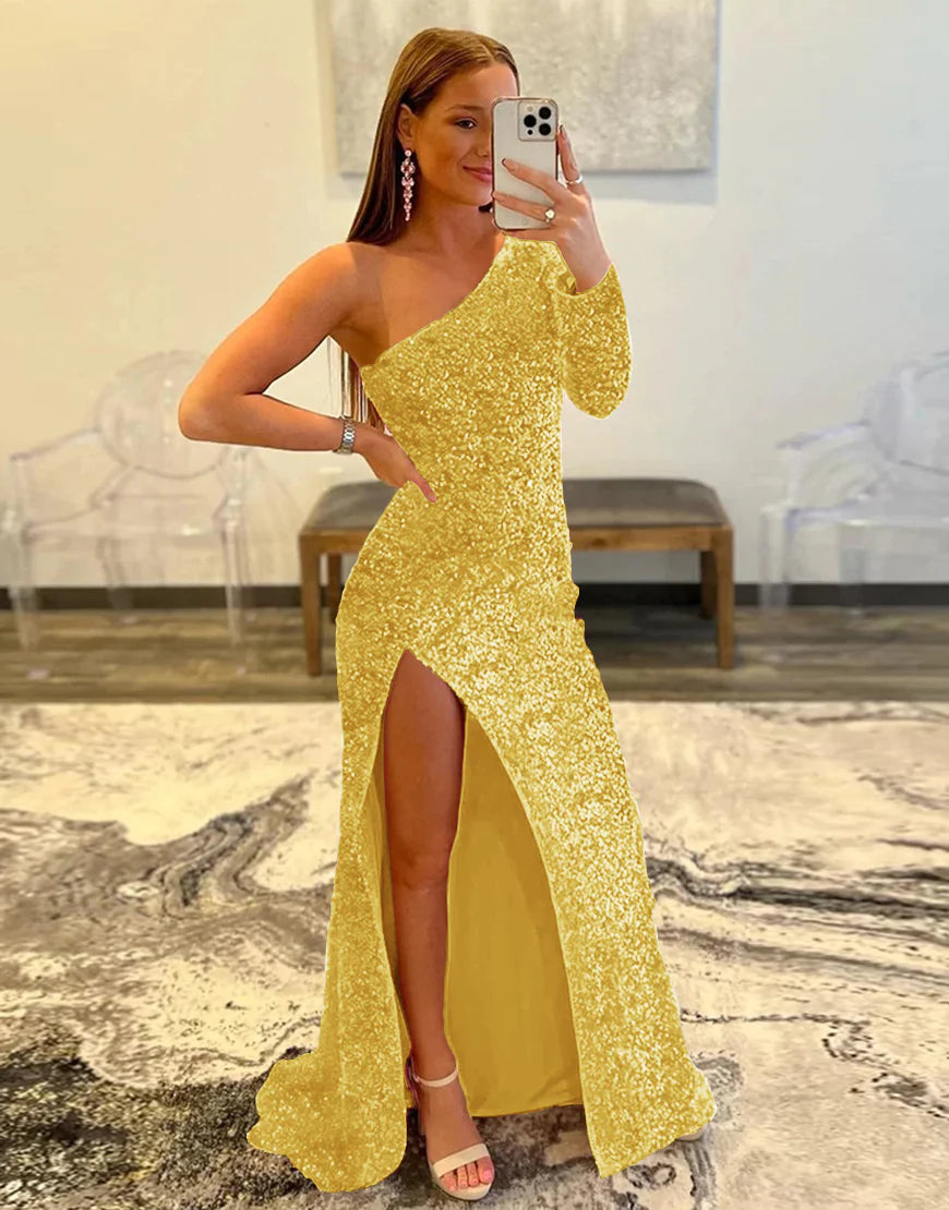 Sheath One Shoulder Sequins Prom Dress With Slit