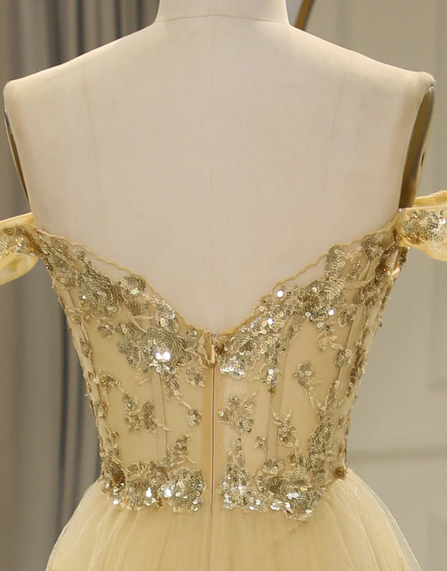 A Line Off the Shoulder Long Layers Prom Dress with Appliques