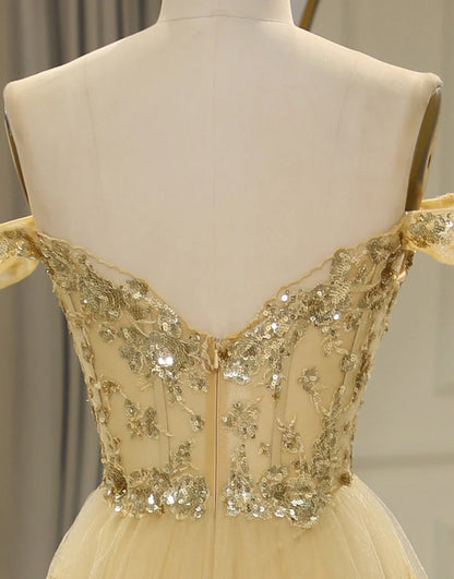 A Line Off the Shoulder Long Layers Prom Dress with Appliques