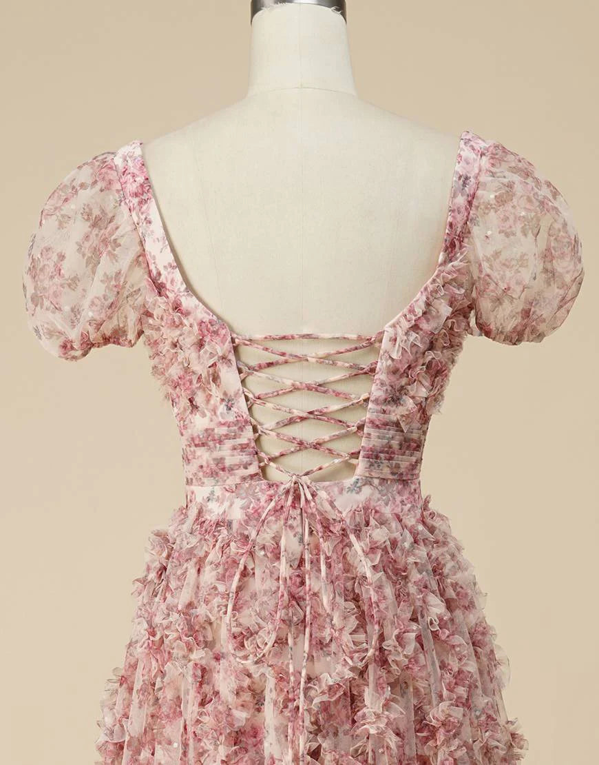 Floral Square Neck Long Prom Dress with Print