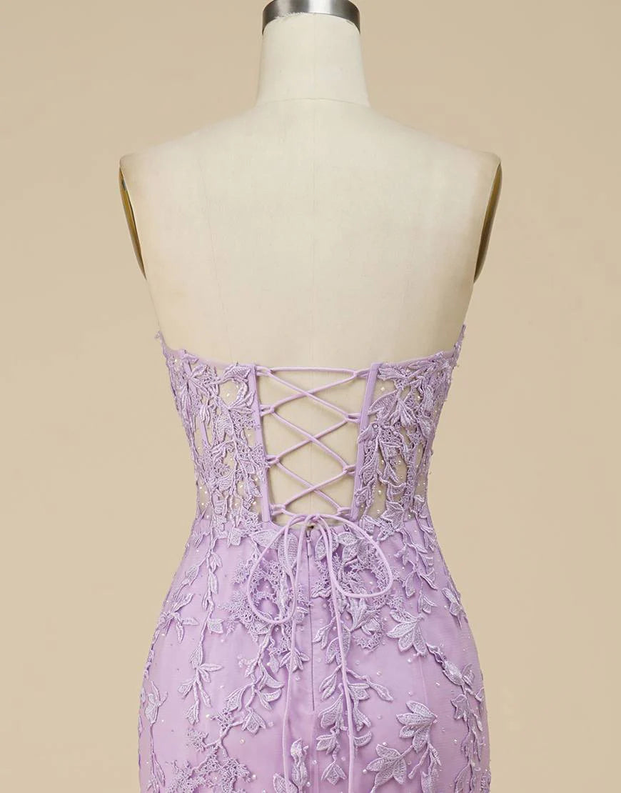 Strapless Lilac Long Prom Dress With Appliques