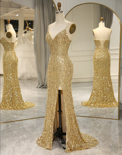 Spaghetti Straps Sequins Long Prom Dress with Split Front