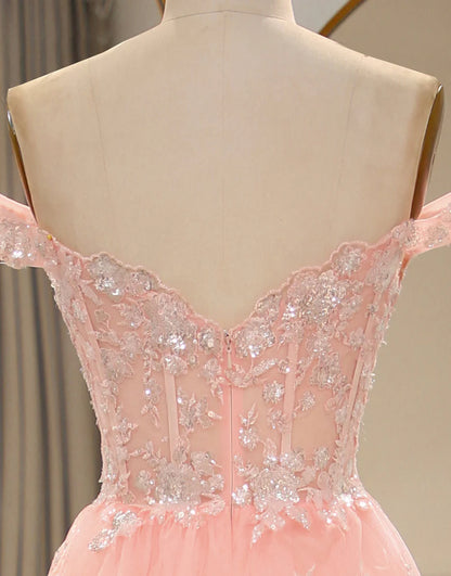 A Line Off the Shoulder Long Layers Prom Dress with Appliques