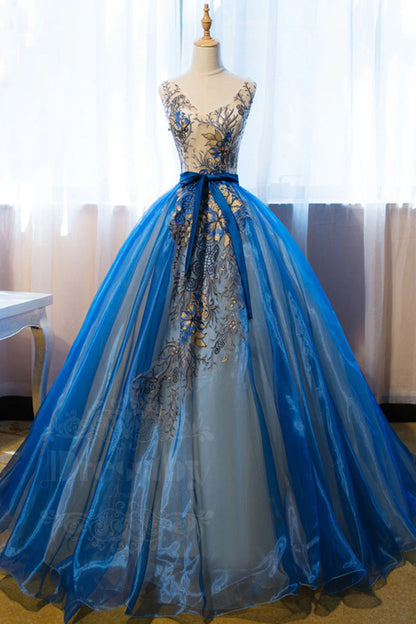 Ball Gown Quinceanera Dresses Princess Dress Unique V Neck Blue Embroidery Long Prom Dress Sweet 16 Dress