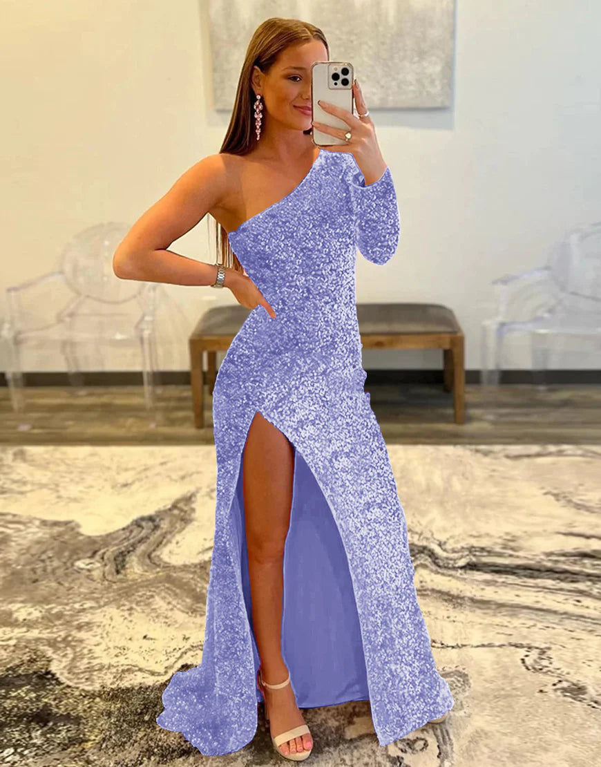 Sheath One Shoulder Sequins Prom Dress With Slit