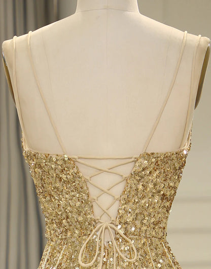 Spaghetti Straps Sequins Long Prom Dress with Split Front