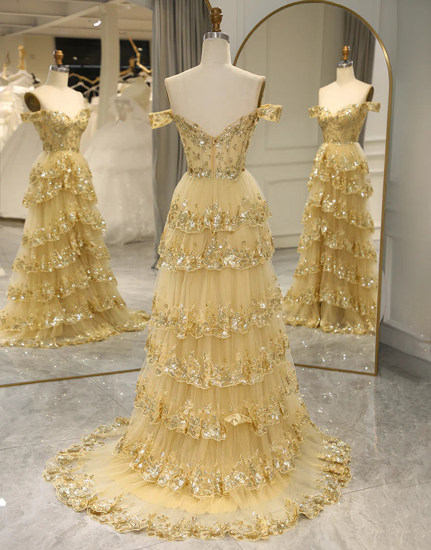 A Line Off the Shoulder Long Layers Prom Dress with Appliques