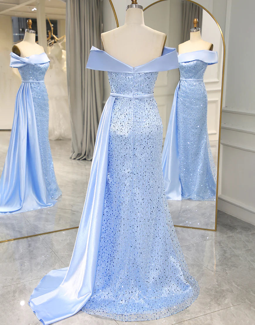 A Line Off The Should Sequins Long Prom Dress with Split